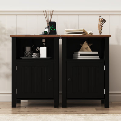 Farmhouse Nightstand Set Of 2, Night Stand With Charging Station And Usb Port, Modern Nightstand With Storage Shelf, Rustic Side Table With Open Space, Side Table For Bedroom, Black