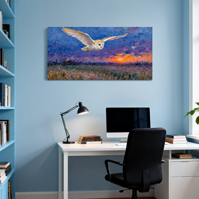 Animals Owl Soaring Over Field At Sunset, 20" H x 40" W