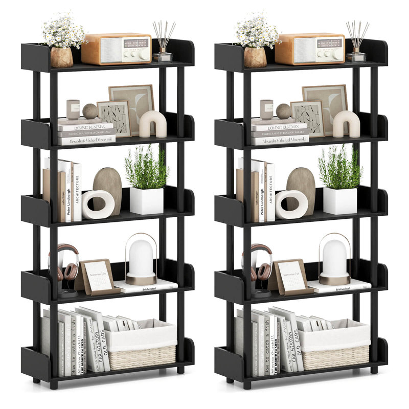 Bibliothèque ouverte à 2 niveaux à 2 niveaux avec ensemble de rangement anti-basculement pour chambre noire, Noir, 2
