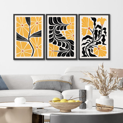 Plant Abstraction " Abstract Yellow And Black Botanical Nature Wilderness Modern Decor Minimal Calm Relax Cozy " 3 - Pieces