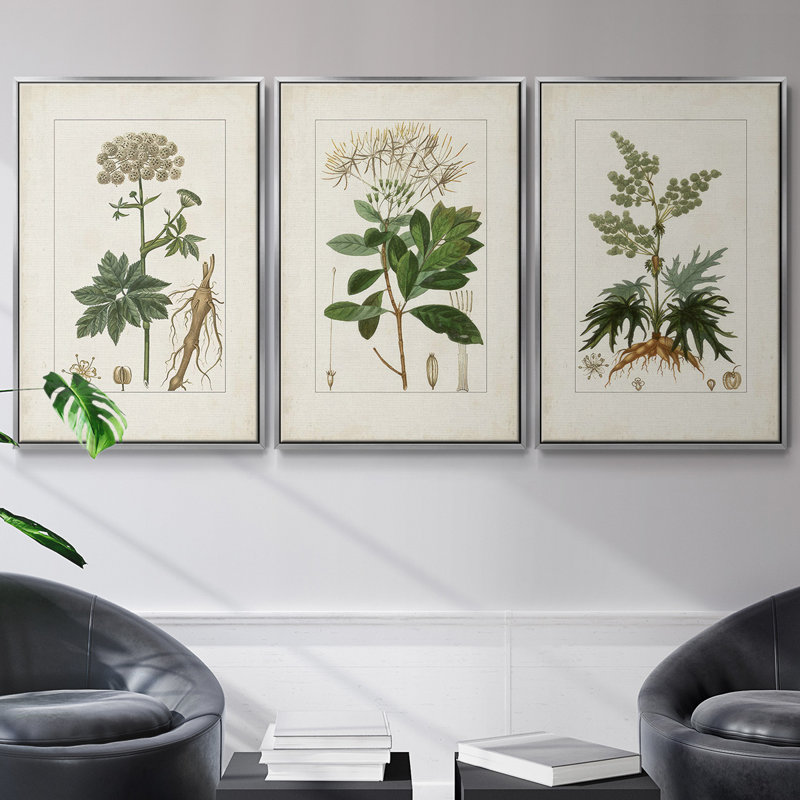 Ensemble de 3 pièces rétro en fleurs IV encadrées sur toile, Argent, H 36 po x l 72 po