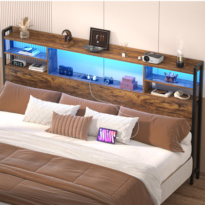 Storage Headboard with LED Lights, Bookcase Headboard with Charging Station