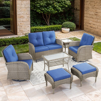 Valierius 7-Piece Outdoor Wicker Patio Furniture With Loveseat Glider, Rattan Coversation Set With Water Resistant Cushions
