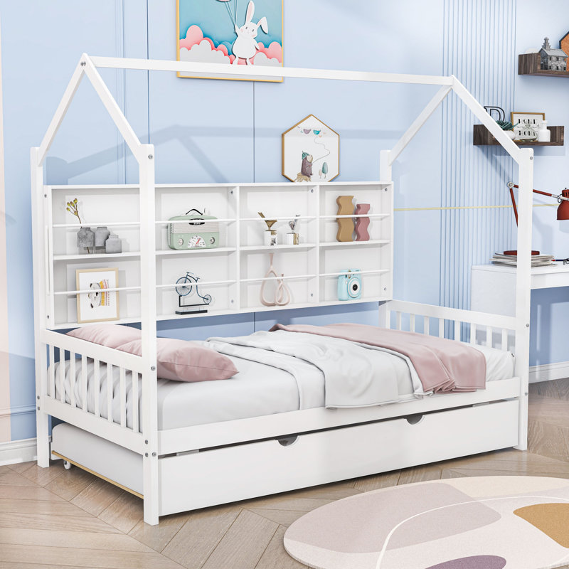 Kip Wooden Platform Bed with Trundle, White, Twin