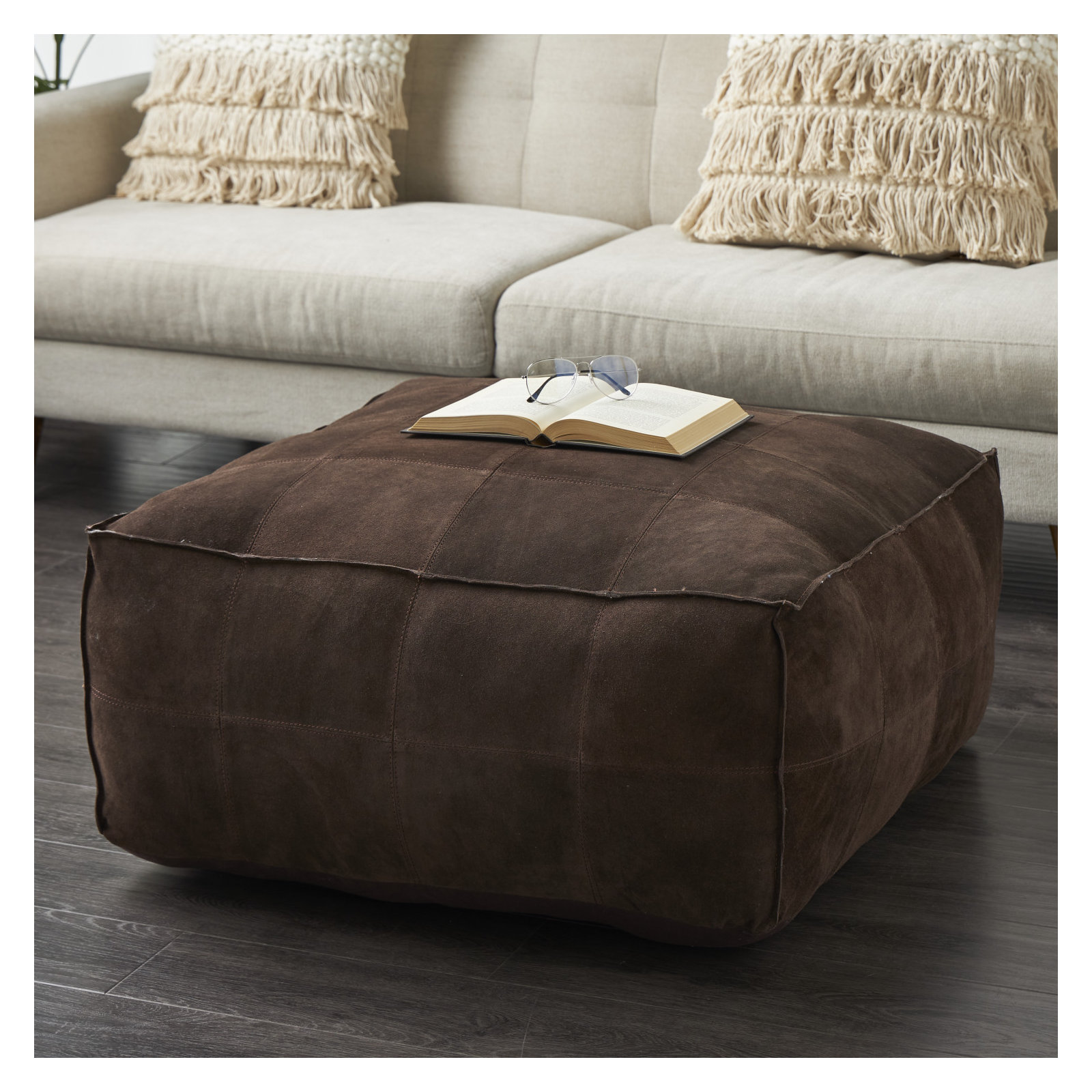 Sharita Upholstered Ottoman, Dark Brown Genuine Leather