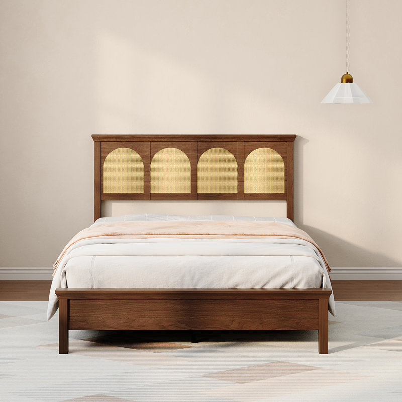 Structure de lit plateforme en rotin grand format avec tête de lit avec rangement, lit en bois Boho, aucun sommier nécessaire