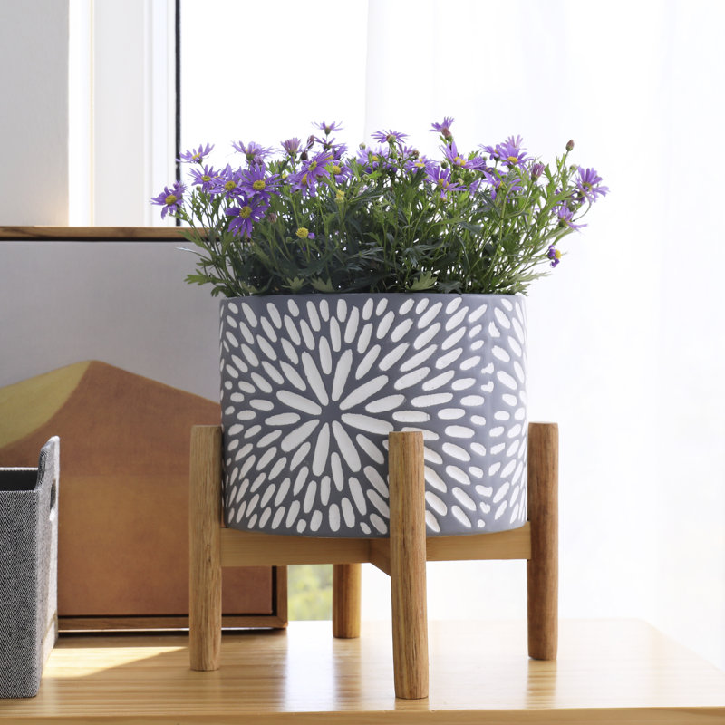 Elayna Ceramic Planter with Wood Stand, 9.7" H x 8" W x 8" D, Gray
