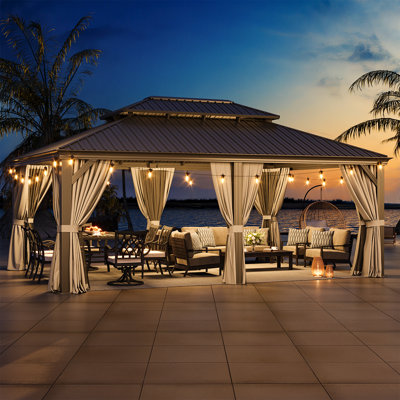 Hardtop Gazebo with Double Roof, 120mm Aluminum Posts & Built-in Gutter, Black & Grey