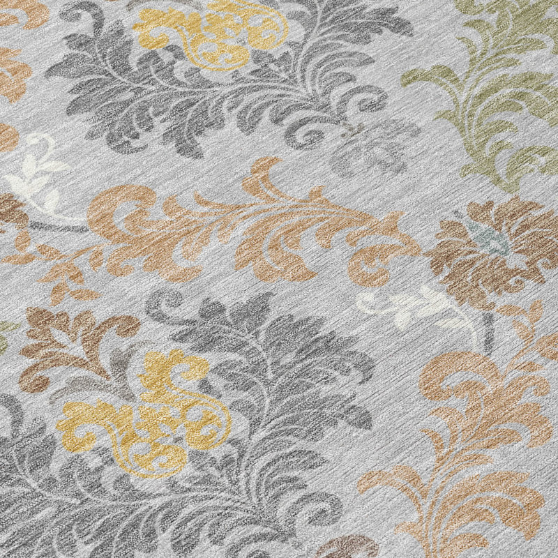 Machine Washable Indoor/Outdoor Chantille ACN2544 Damask Rug, Silver, 5' x 7'6"