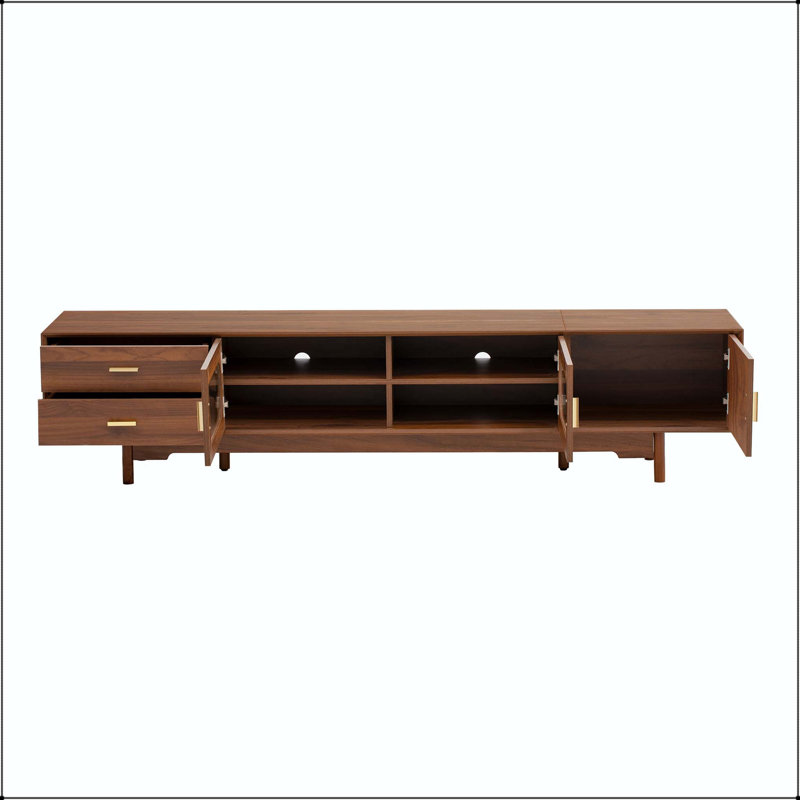 Meuble télé 78 po avec portes en verre cannelé et pieds en bois massif