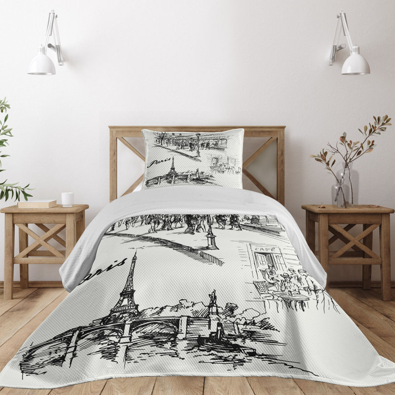 White Microfiber Twin Paris-Themed Quilted Bedspread Set