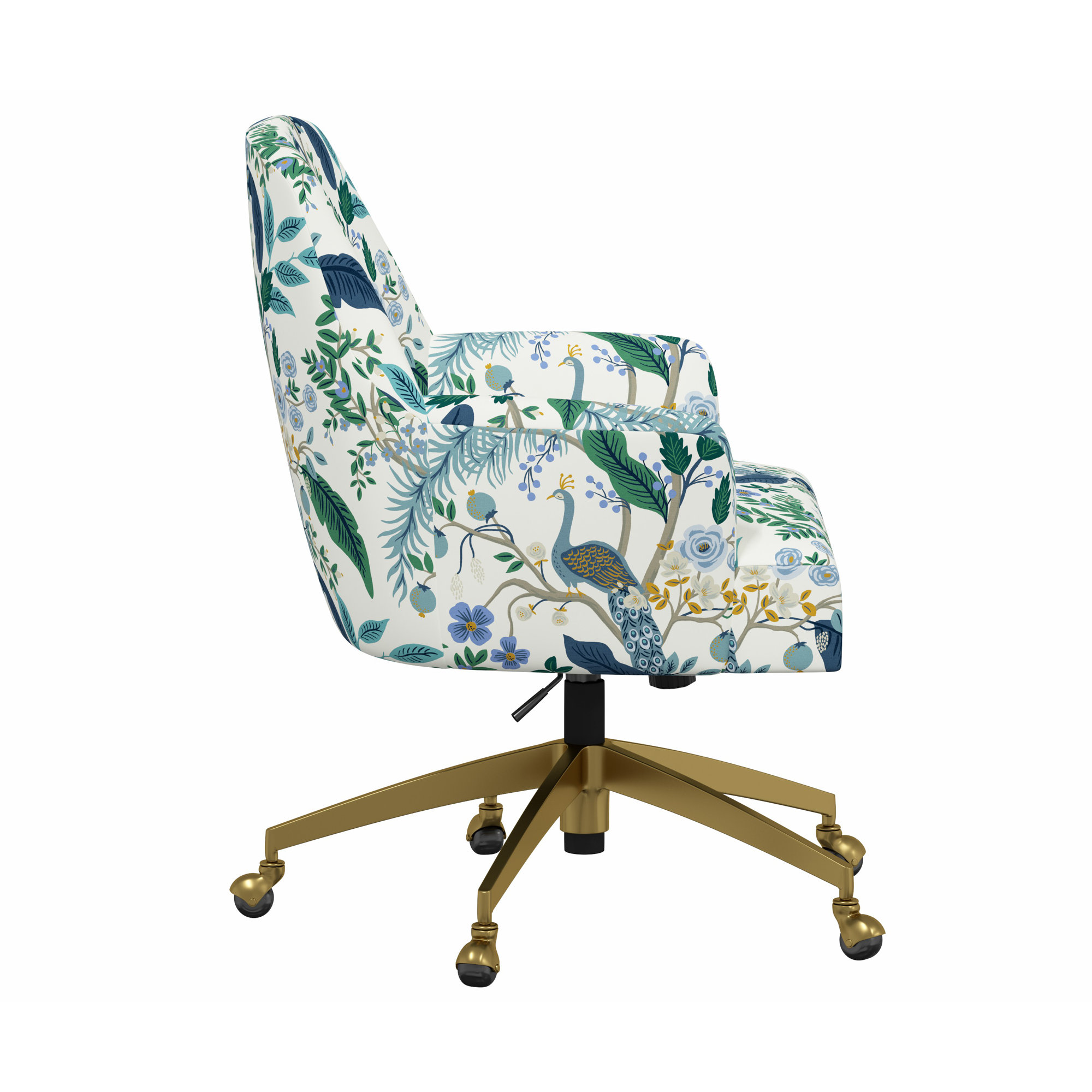 Rifle Paper Co. x Cloth & Company Yvette Office Chair, Rpc Peacock Blue & White Linen, Brushed Gold