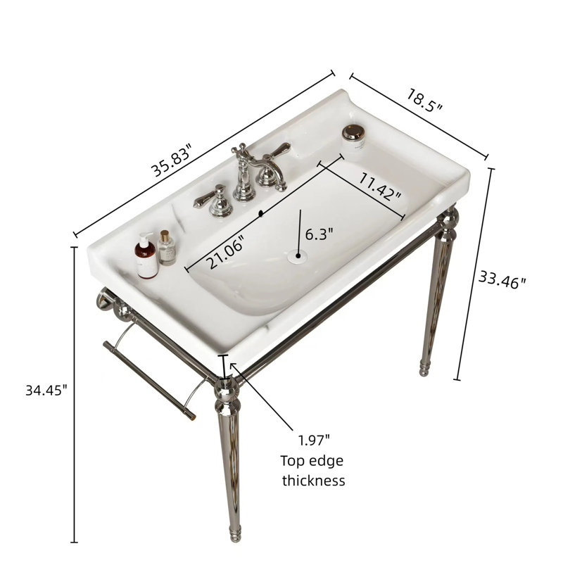 Lavabo de console de salle de bain 36 po, lavabo mural en céramique blanche avec 3 trous de robinet pré-percés