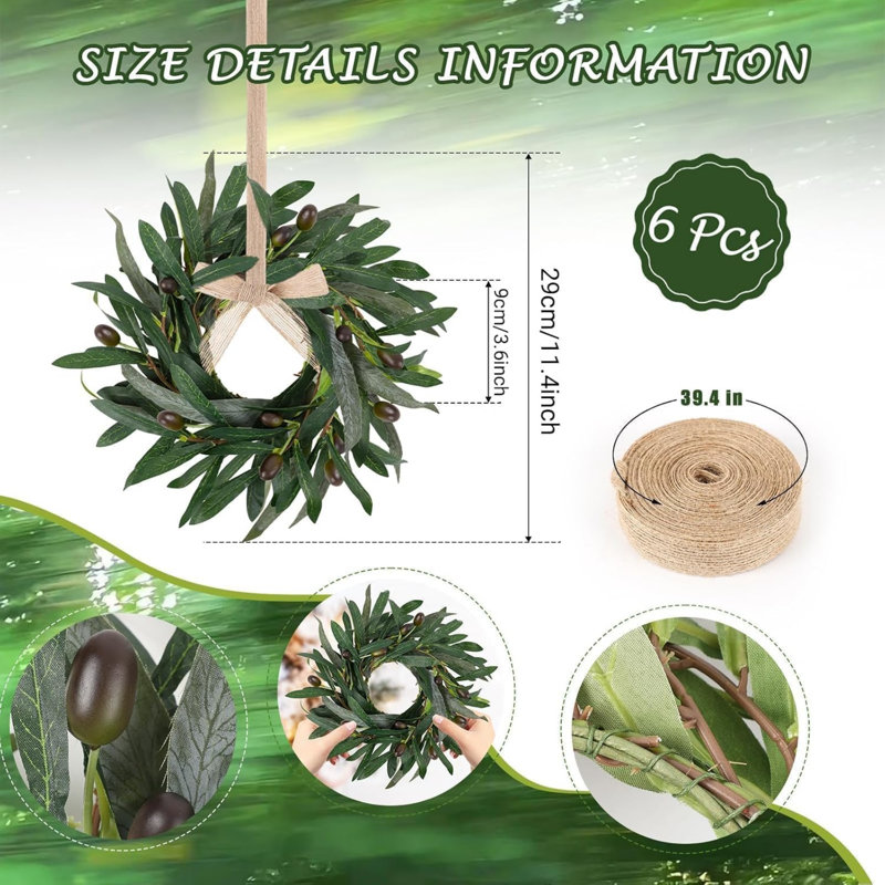 6 pièces couronnes d'olive artificielle d'été vert couronne de verdure mini armoire de cuisine verte couronne de printemps pour porte d'entrée porche fenêtre de mariage décoration de maison de campagne