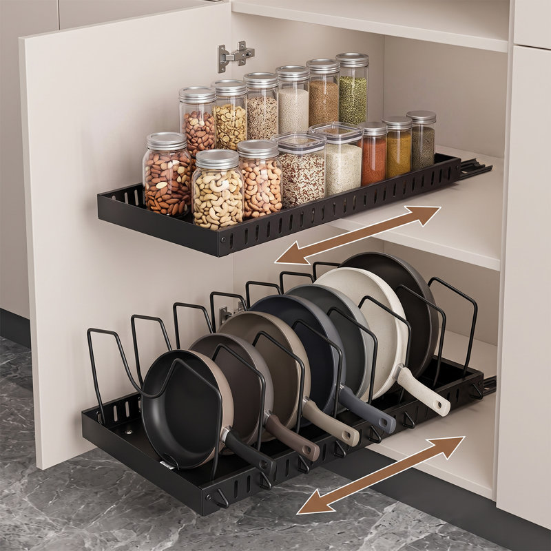 2 Pack Pull Out Pot and Pan Organizer, Adjustable Cabinet Cookware Rack