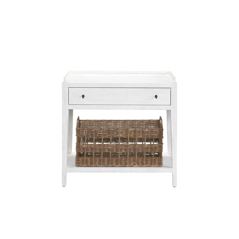 1 - Drawer Nightstand with Wicker Basket, White