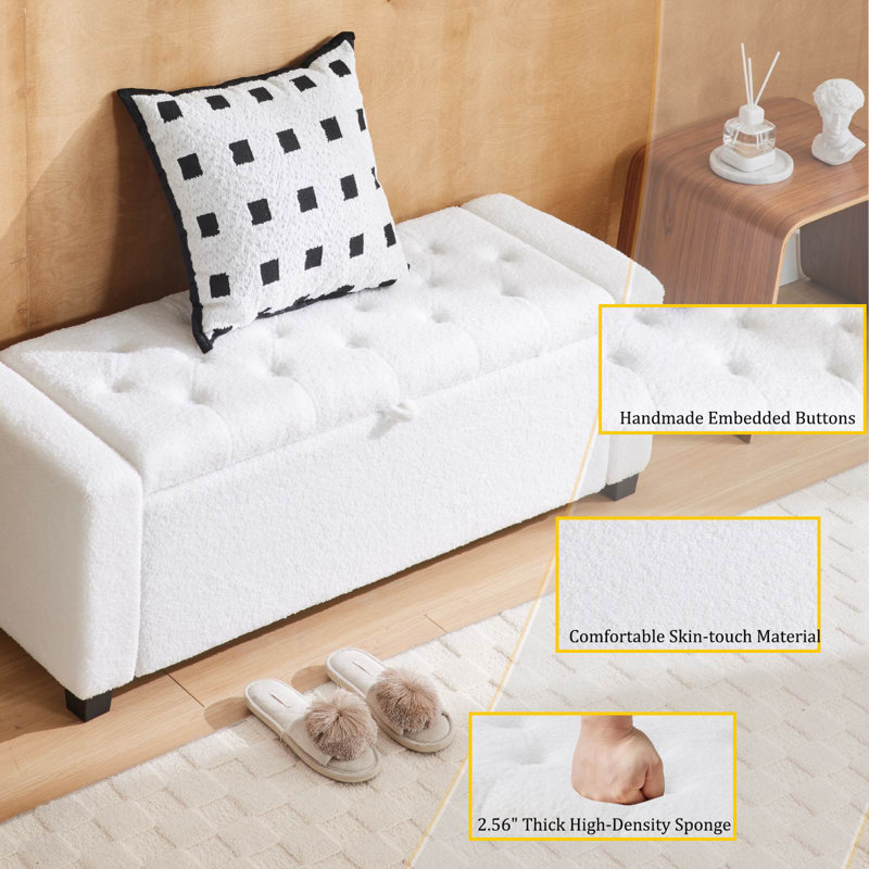 BANC DE RANGEMENT EN VELOURS OTTOMAN, Blanc peluche