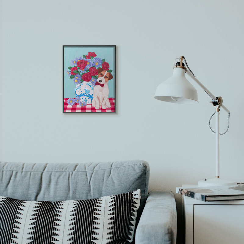 «Flower Vase with Dog Red Blue Animal Pet» par Sally B - reproduction d'art, H 20 po x l 16 po x P 1,5 po