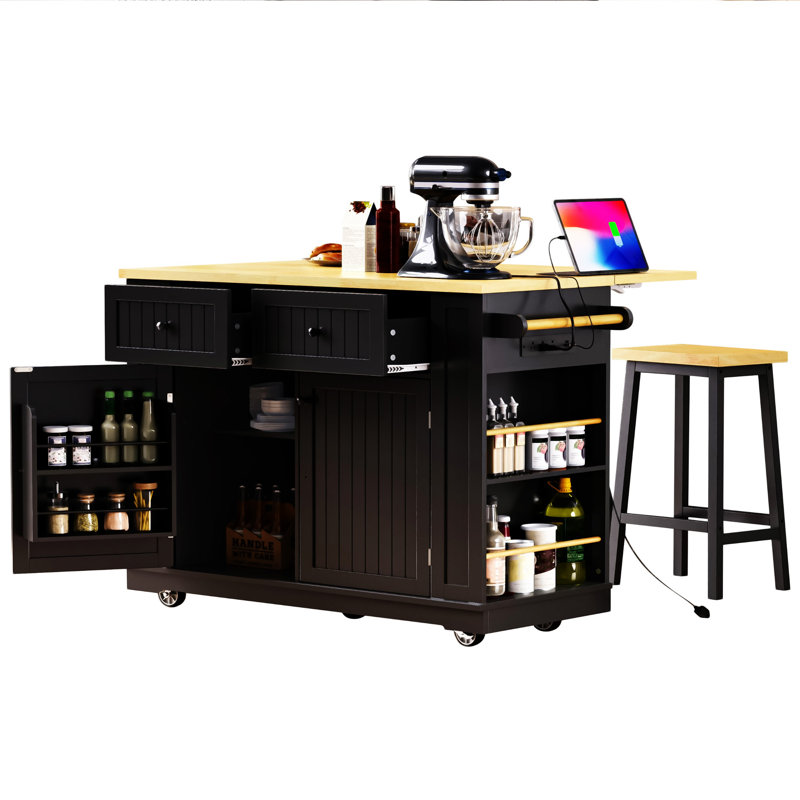Grand îlot de cuisine de 48 pouces avec abattant (sans tabouret inclus), Noir