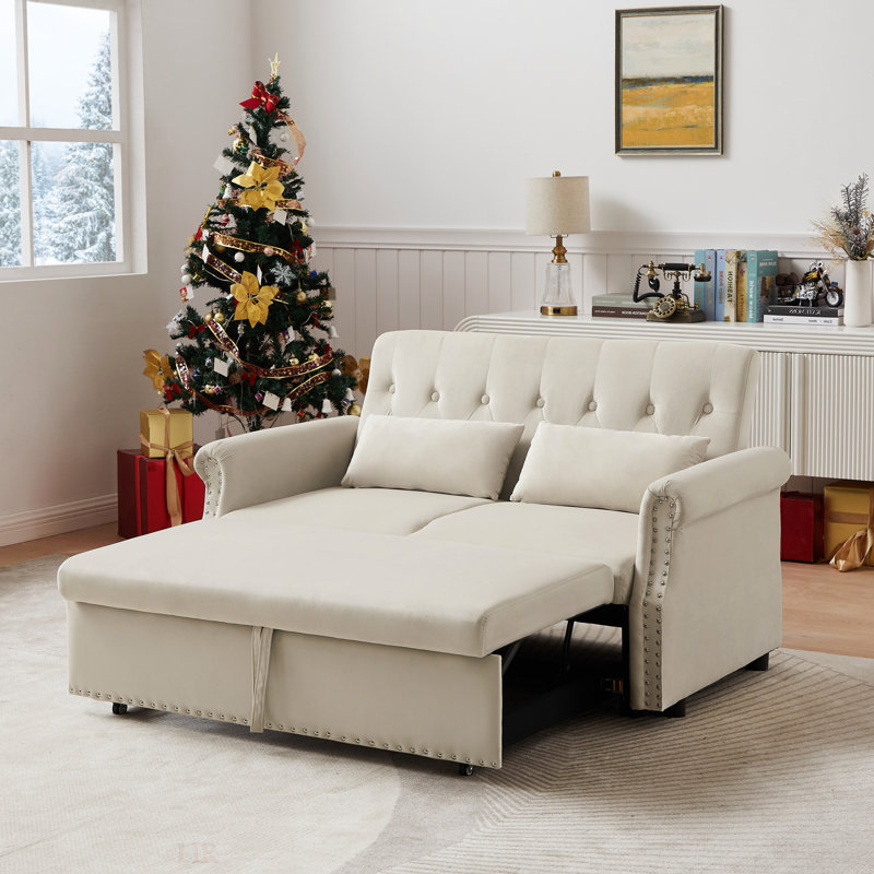Causeuse-lit de 55 po avec accoudoirs amovibles en velours et canapé-lit, Velours beige