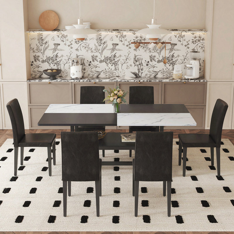 Ensemble de table et de chaises 71 x 35,4 pouces avec table de salle à manger épissée blanche et noire avec fonction de rangement au milieu des pieds de la table, jumelée à 6 chaises de salle à manger en polyuréthane noir