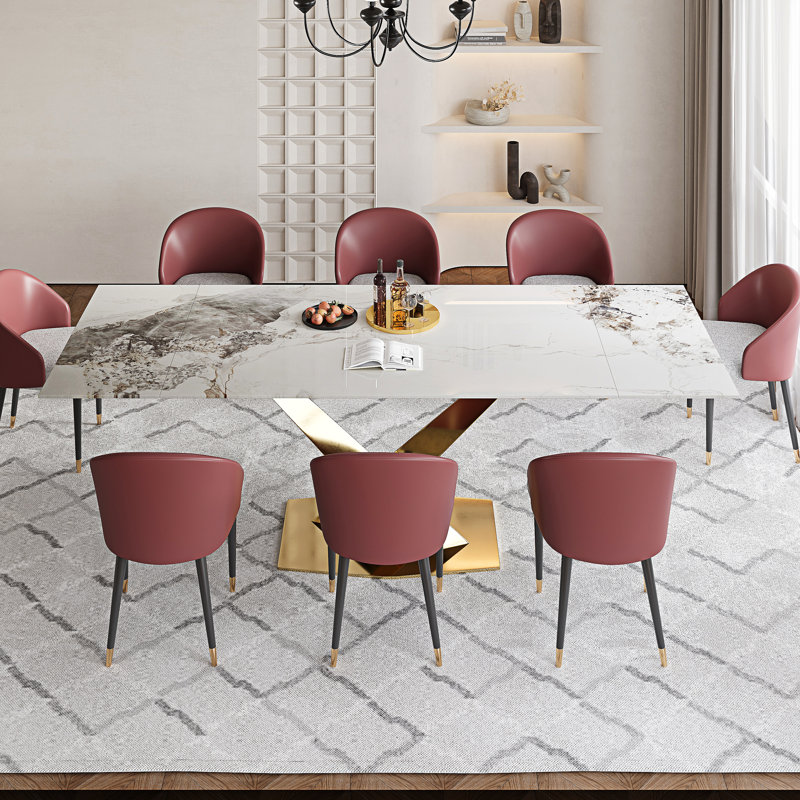 Table de salle à manger extensible de 63 à 94,5 po pour 8 à 10 personnes avec plateau rectangulaire en pierre frittée et base en acier