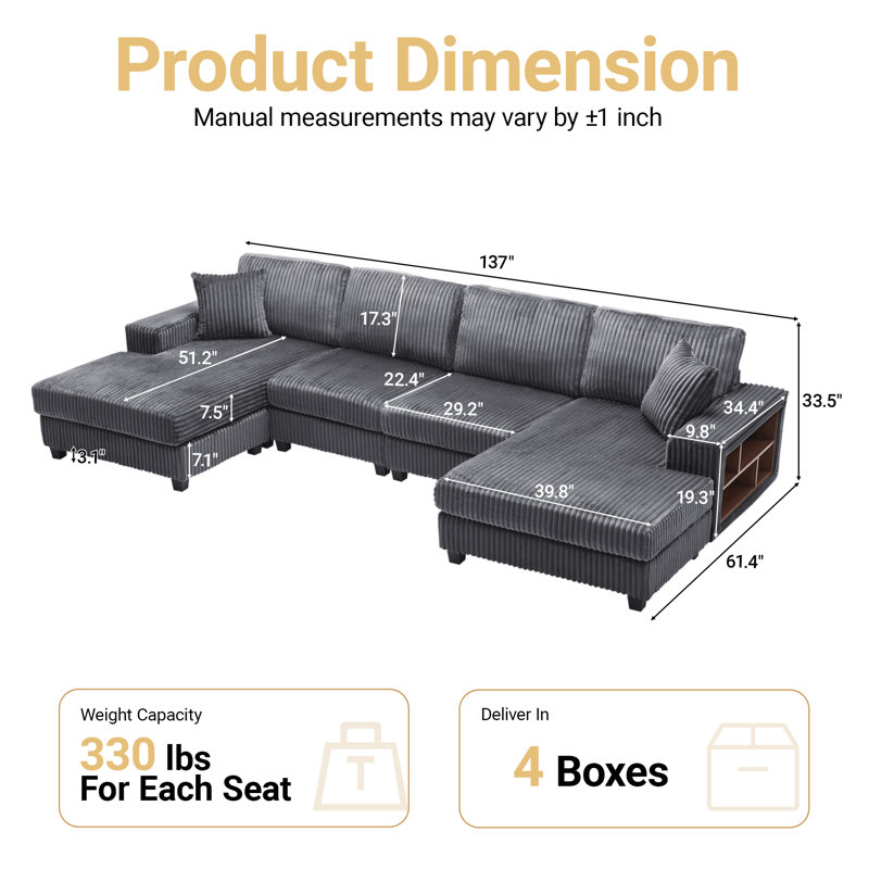137" Corduroy Sectional Sofa 4 Piece U Shaped Oversized Modular Comfy Couch With 2 Side Storage Shelves & Chaise Lounge Chairs, 1300lbs Capacity