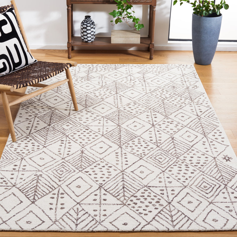 Anaira Hand Tufted Wool/Cotton Geometric Rug in Ivory/Brown, Rectangle 5' x 8'