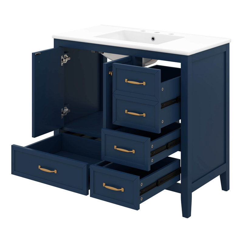 Ensemble de meuble-lavabo 36 po avec lavabo en céramique, armoire de rangement moderne, 2 portes à fermeture douce, 4 tiroirs à fermeture douce