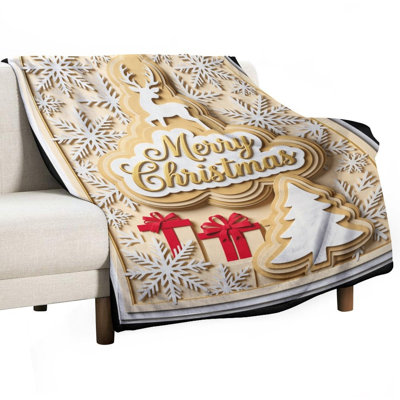 Merry Christmas, cerf, flocons de neige, cadeaux, arbre, papier, flanelle de luxe, jeté doux et chaud pour le salon, canapé-lit, décoration intérieure