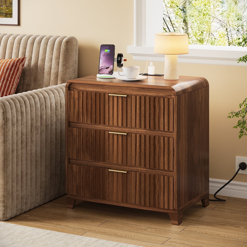 Walnut Color Nightstand with Charging Port,Modern Bedside Table,Versatile Nightstand with 3 Drawers for Home and Office
