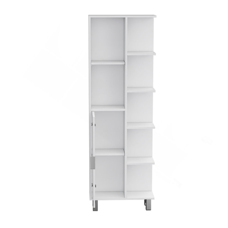 Armoire de salle de bain H 63 po en lin avec sept tablettes ouvertes, un tiroir et quatre pieds Mott, blanc