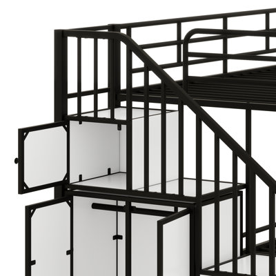 Lit superposé en métal en forme de château avec garde-robe, rangement multiple, escalier et garde-corps double