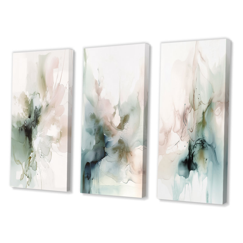 «Green and Cream Essence of Modernity», ensemble de 3 pièces d'art abstrait, Toile tendue, H 20 po x l 36 po