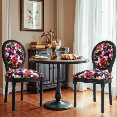  French Dining Chairs Set Of 2,french Country Dining Chairs,black Wood Legs,classical Floral & Bird Motifs On Round Linen Back,for Kitchen, Morandi Green