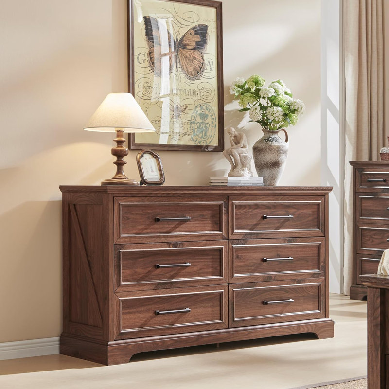 Ursula 52"W Farmhouse 6 Wide Drawer Dresser, Bedroom Chest of Drawers With  Anti-Tip Design, Brown