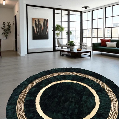 Dark Green Round Tuscan Rug, Handmade Living Room Carpet