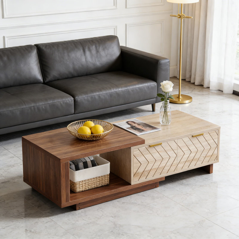 Table basse de ferme extensible avec tiroirs de rangement, table centrale rectangulaire peu encombrante pour le salon et le bureau