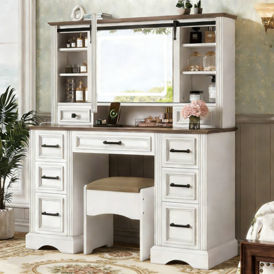 47.2" Farmhouse Makeup Vanity Set With Sliding Mirror, Dressing Table With Storage Stool