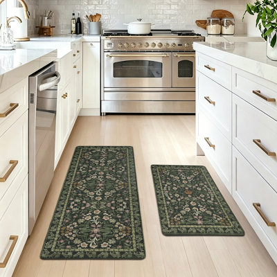 Anti Fatigue Kitchen Mat Set 2 Piece Cushioned Non Slip Waterproof Floor Mat Floral Standing Rug for Laundry Sink Office Desk