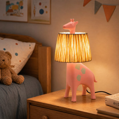 13.8" Pink Giraffe Resin LED Table Lamp with Handwoven Raffia Shade for Kids Room, Nursery or Gift Decor