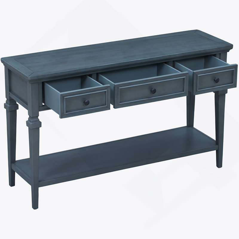 Console de style rétro classique avec trois tiroirs supérieurs et une tablette inférieure de style ouvert, facile à assembler