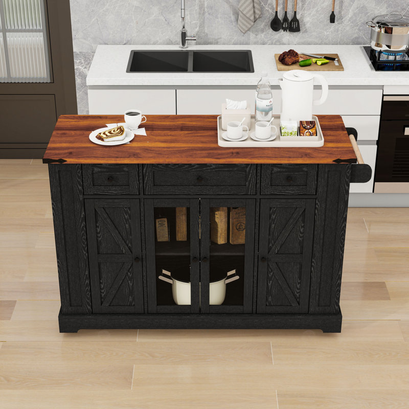 Rolling Kitchen Cart with Drop Leaf, Open Side Racks, Drawers, Shelves and Power Outlet, Black