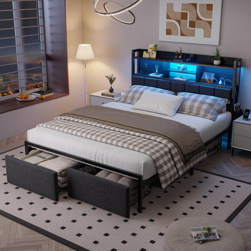 Queen Upholstered Bed Frame with 2 Storage Drawers, Modern Queen Platform Bed with Charging Station & LED Light, No Spring Box Needed