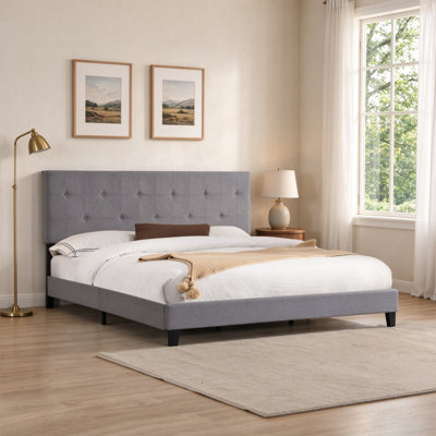 Modern Upholstered Platform Bed with Button Tufted Headboard No Box Spring Needed , Low Bed Frame with Wooden Slats and Sturdy Support for Bedroom, King Size, Grey