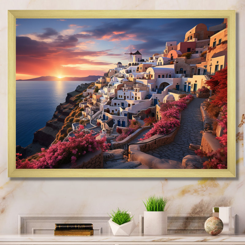 " Greece Oia Splendour V ", H 16 po x l 32 po, Cadre doré à une seule photo