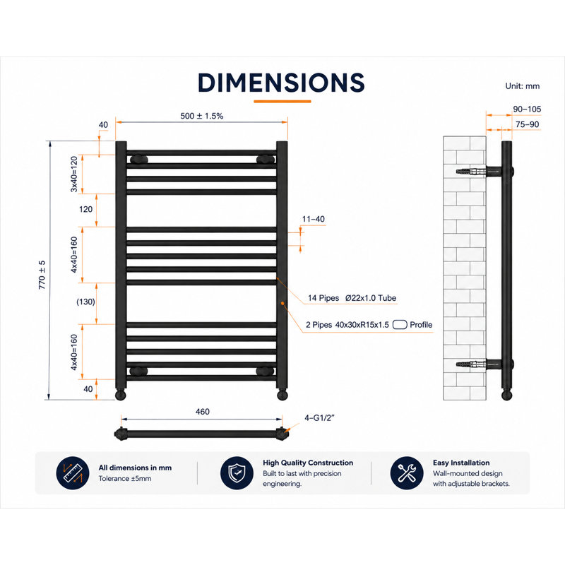 Heated Towel Rail 77cm x 50cm, Matt Black