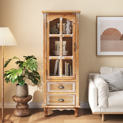Rustic Wooden Storage Cabinet With Decorative Cutout Door & 2 Drawers, Tall Narrow Organizer For Living Room, Bedroom(Antique Brown), Sideboard