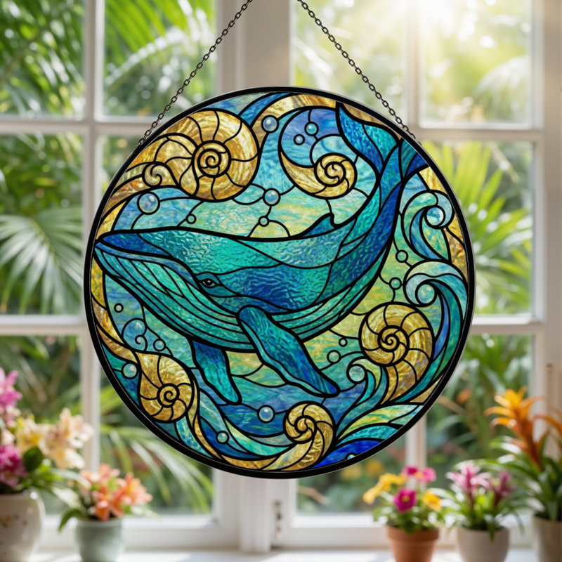 Panneau de vitrail en verre coloré 7,8 "H Whale Sea, H 7,8 po x l 7,8 po
