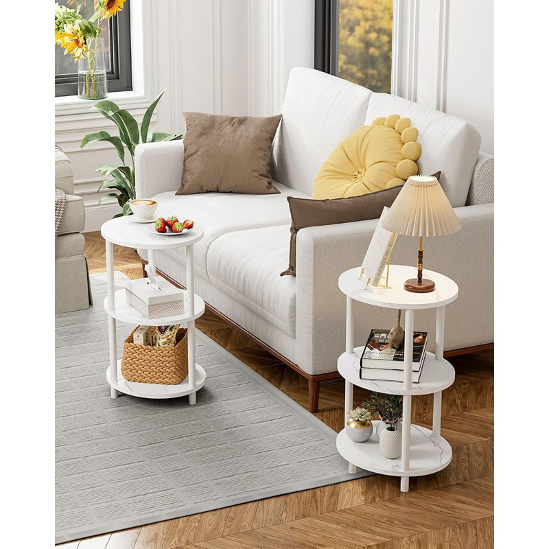 Table de bout ronde à piédestal avec rangement à 3 niveaux, table d'appoint en bois rustique et en métal pour le salon, la chambre à coucher et les petits espaces, marbre blanc